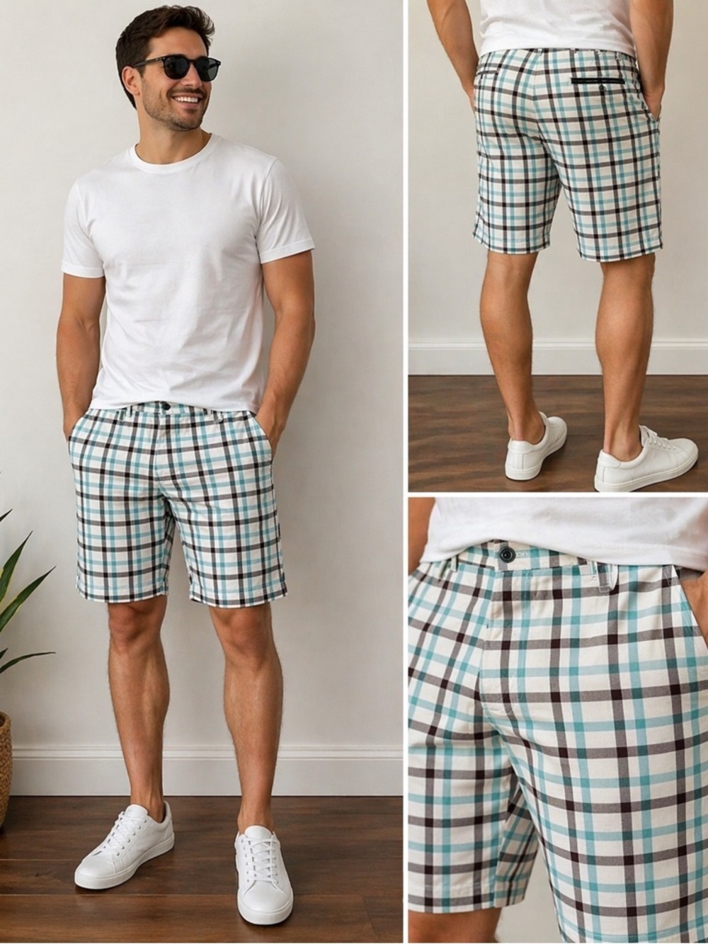Men's Shorts Plaid Flat Front - Teal & White